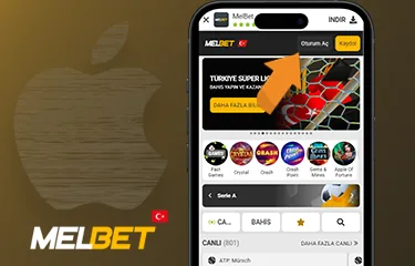 iPhone Safari'de Melbet sayfasında İNDİR düğmesi vurgulanmış