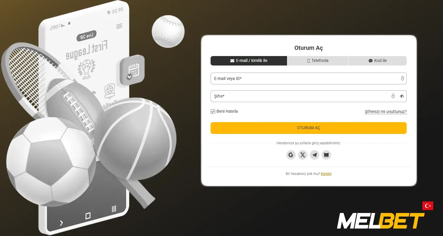 Melbet Oturum Aç giriş ekranı ve sosyal kayıt seçenekleri
